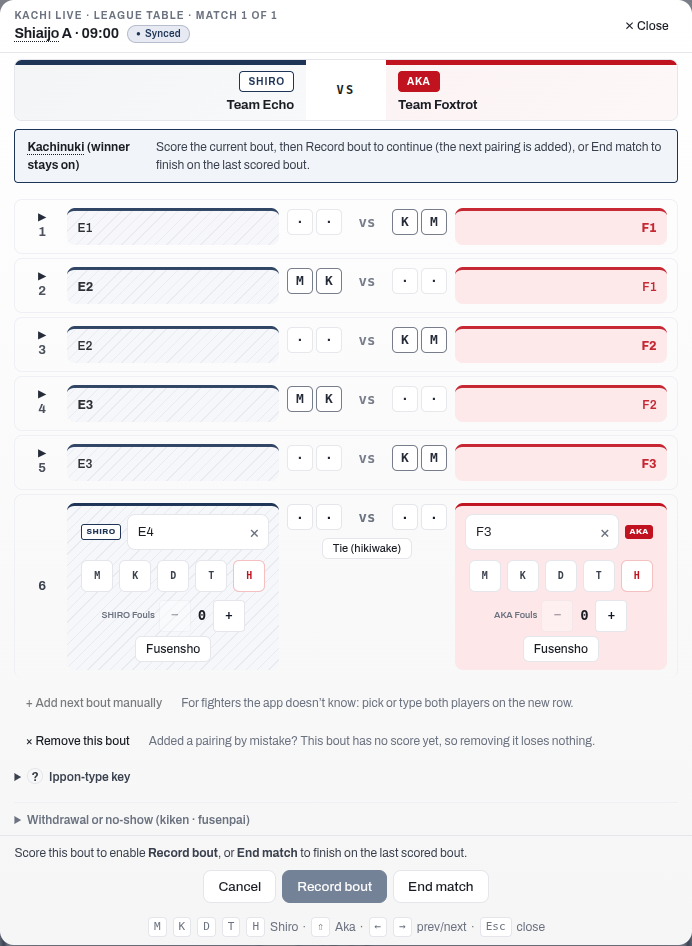 The kachinuki score editor: the bouts already fought shown as read-only rows above the current bout (which carries the ippon buttons for each side), the × Remove this bout undo for a pairing added by mistake, and the Record bout and End match footer actions.