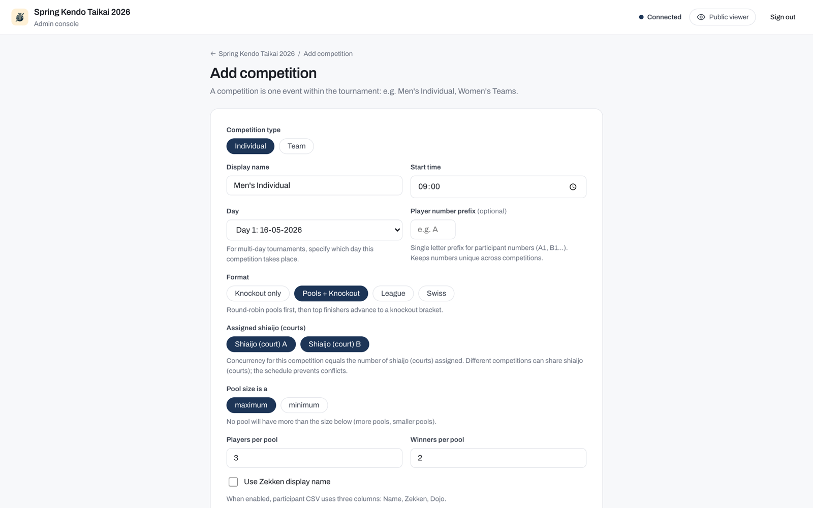 Creating a competition: the type, format, court, and pool-size options on the setup form.