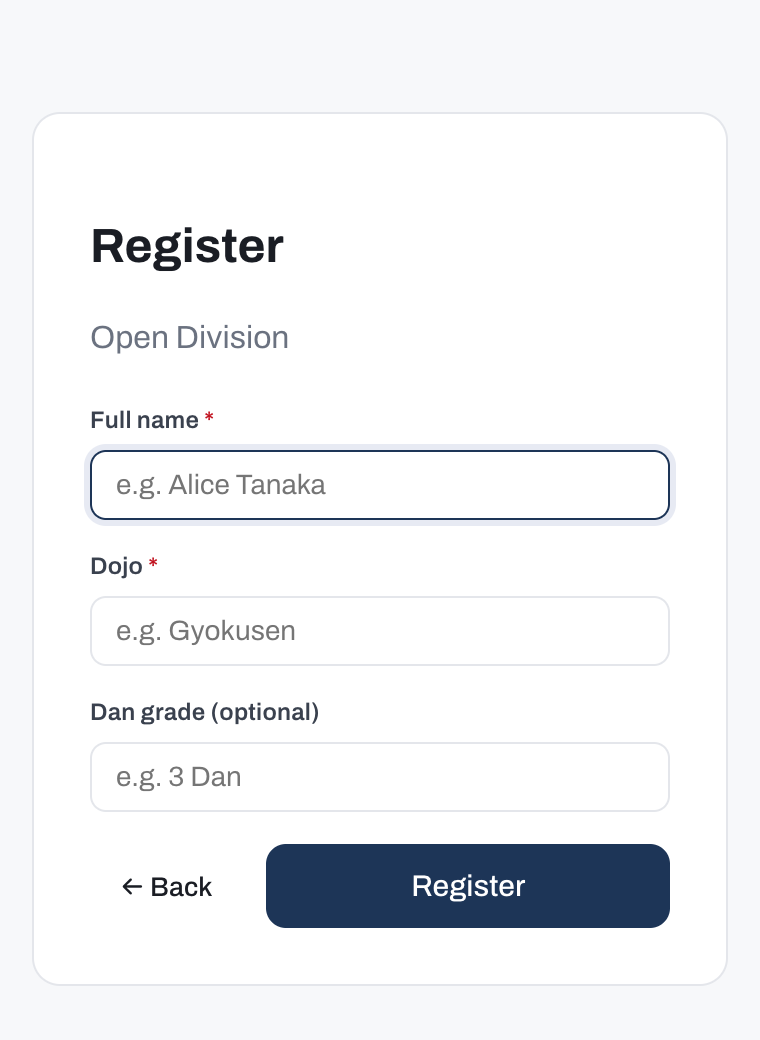The self-registration form on a phone: full name, dojo, and an optional dan grade, with a Register button.