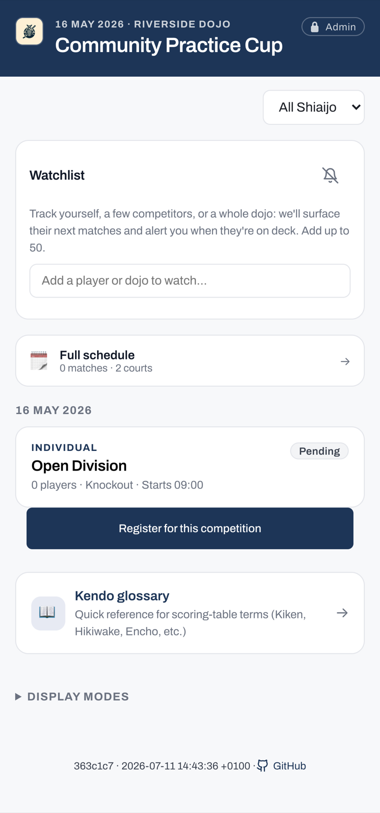 The public home on a phone: the tournament header, a watchlist, the schedule, and a competition card with a Register for this competition button.