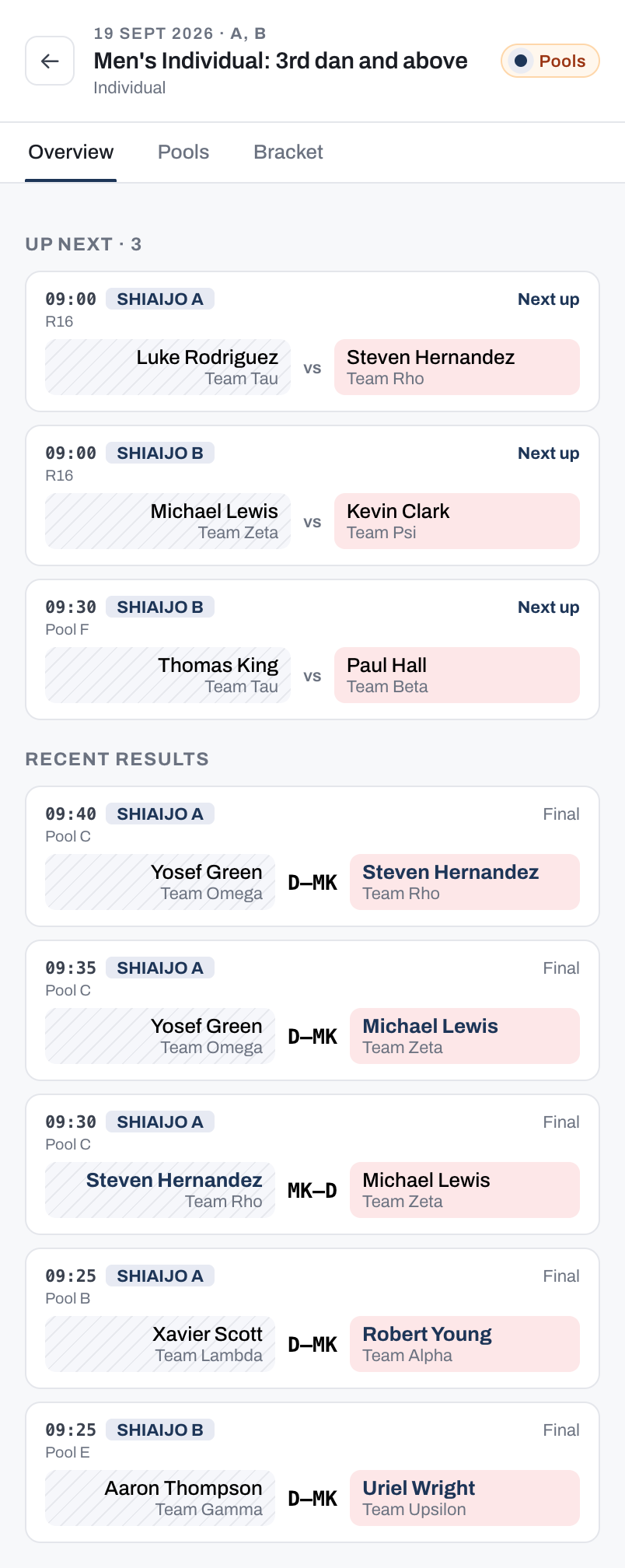 A competition's public page: upcoming matches and recent results with waza-level scores.